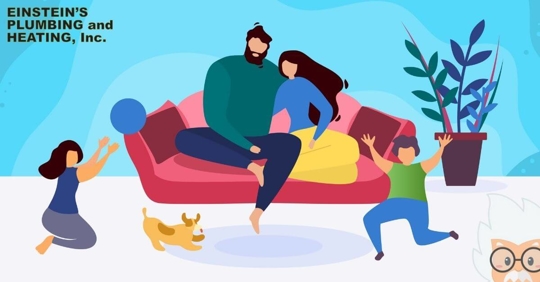 An illustration of a family, with a mom and dad sitting on the couch and two children playing ball in front of them.