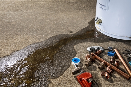 Search by image or video A leaking faucet on a domestic water heater with tools and fittings to replace appliance